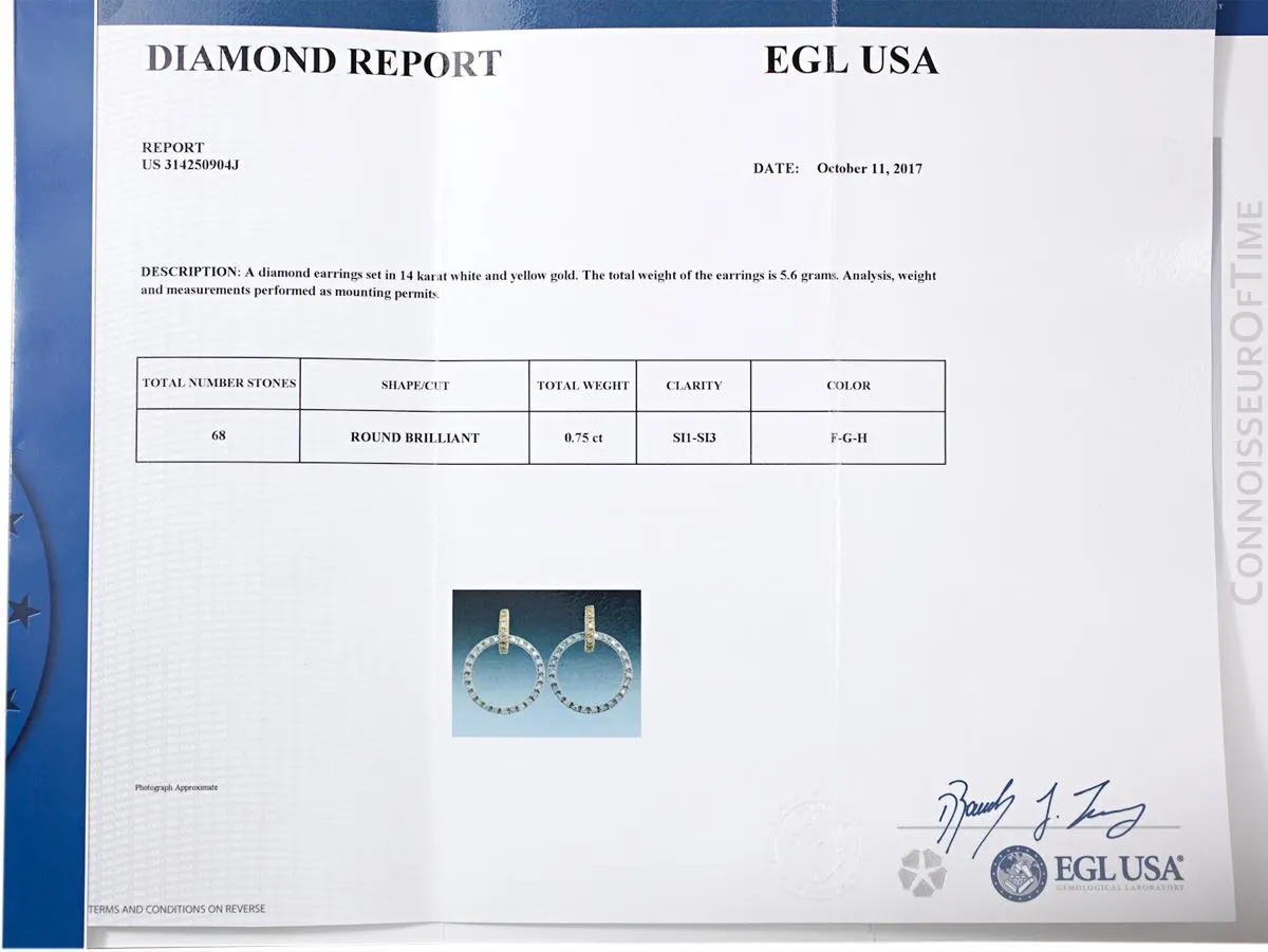 14K White Gold & Yellow Gold Two-Tone Diamond Hoop Earrings, .75 Carats Total