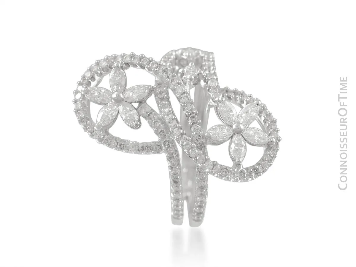 18K White Gold & Diamond Floral High Fashion Ring - 1.54 Carats