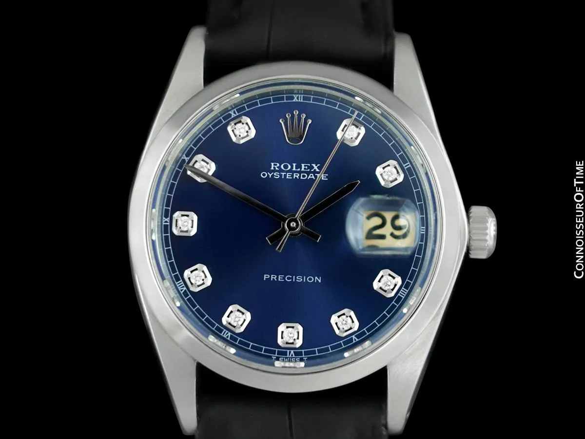 1968 Rolex Oysterdate Mens Vintage Ref. 6694 Date Watch with Blue Dial - Stainless Steel & Diamonds