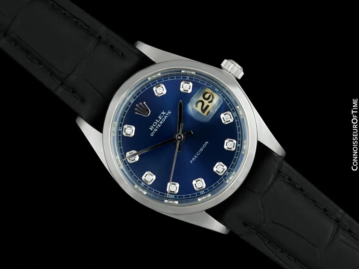 1968 Rolex Oysterdate Mens Vintage Ref. 6694 Date Watch with Blue Dial - Stainless Steel & Diamonds