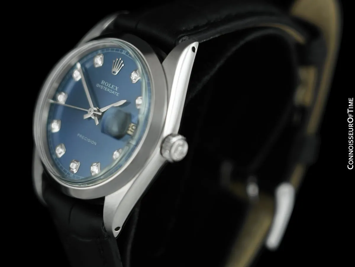 1968 Rolex Oysterdate Mens Vintage Ref. 6694 Date Watch with Blue Dial - Stainless Steel & Diamonds