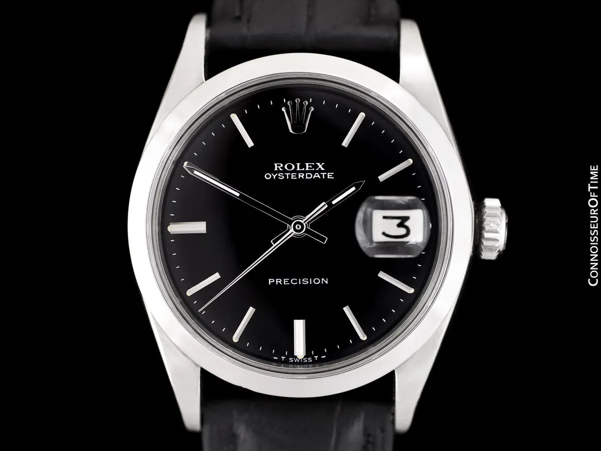 1971 Rolex Oysterdate Vintage Mens Black Dial Watch with Date - Stainless Steel