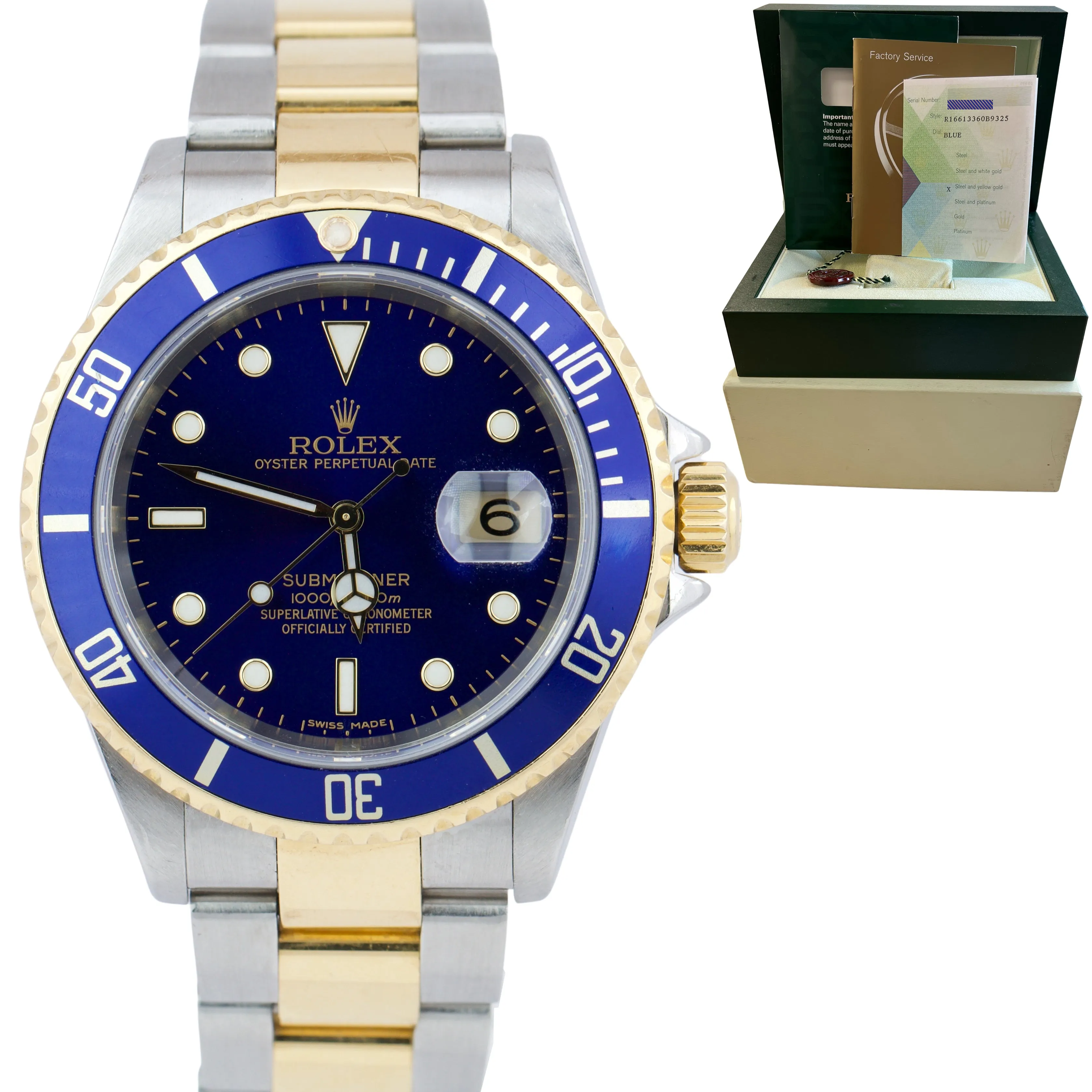 2007 Rolex Submariner Two-Tone Stainless Blue NO HOLES Dive 40mm Watch 16613