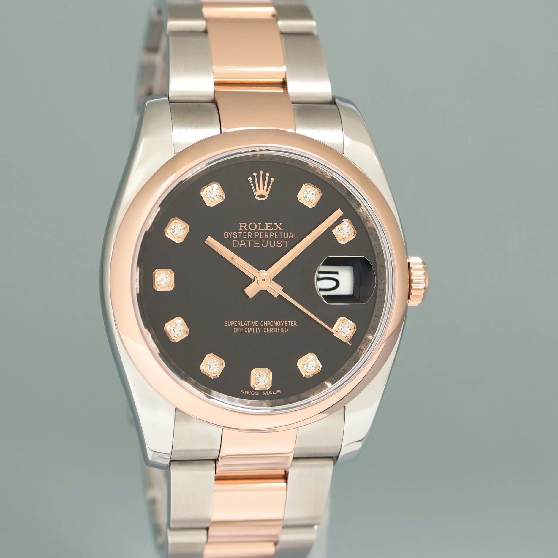 2014 MINT Rolex DateJust 116201 Two Tone Rose Gold Steel 36mm Black Diamond Watch