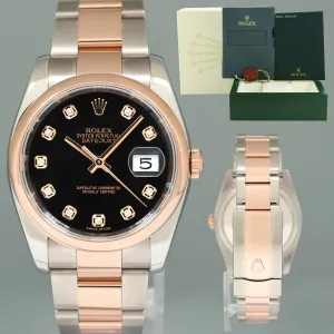 2014 MINT Rolex DateJust 116201 Two Tone Rose Gold Steel 36mm Black Diamond Watch