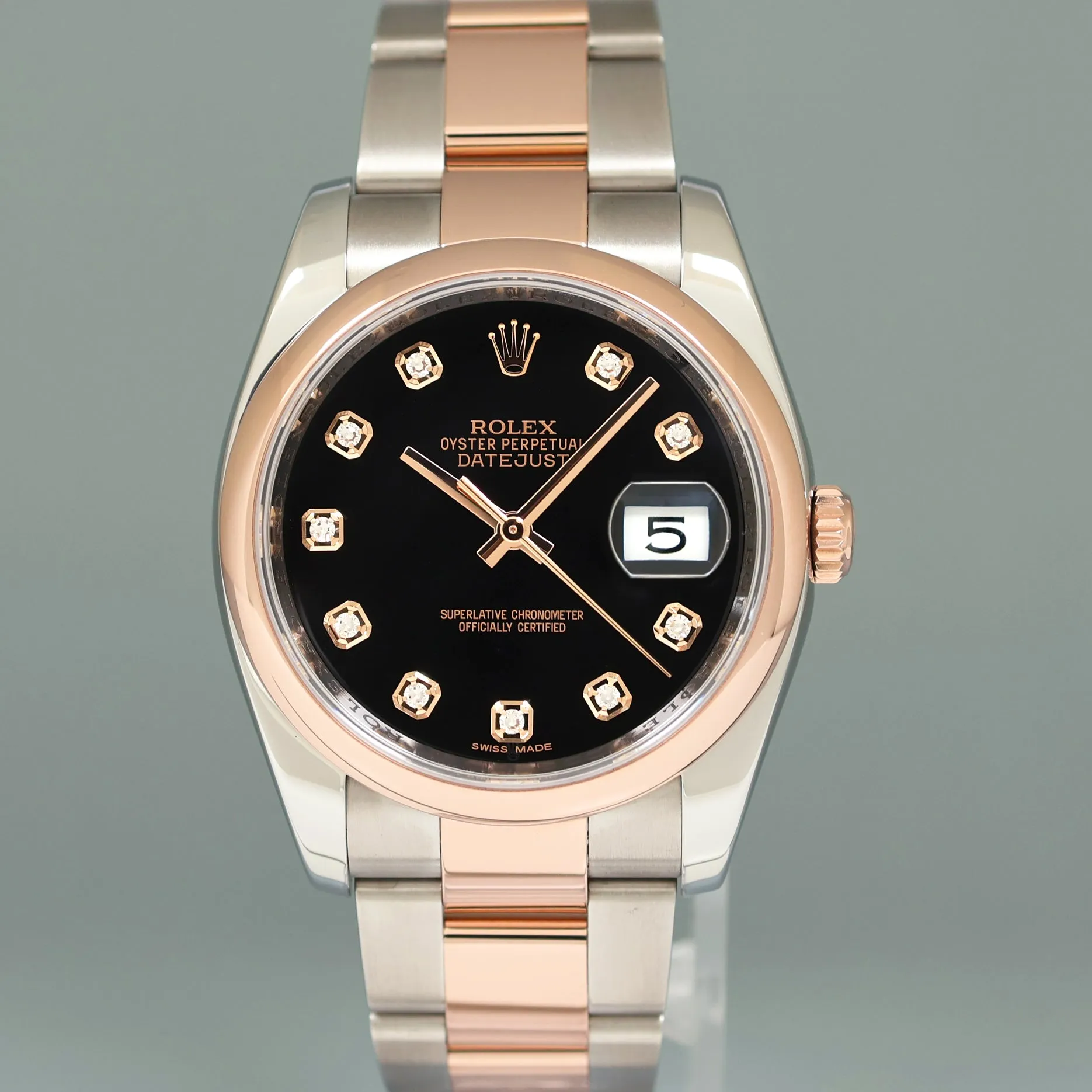 2014 MINT Rolex DateJust 116201 Two Tone Rose Gold Steel 36mm Black Diamond Watch