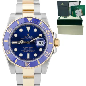 2015 Sunburst Rolex Submariner Ceramic 116613 LB Two-Tone Gold Blue Dive Watch