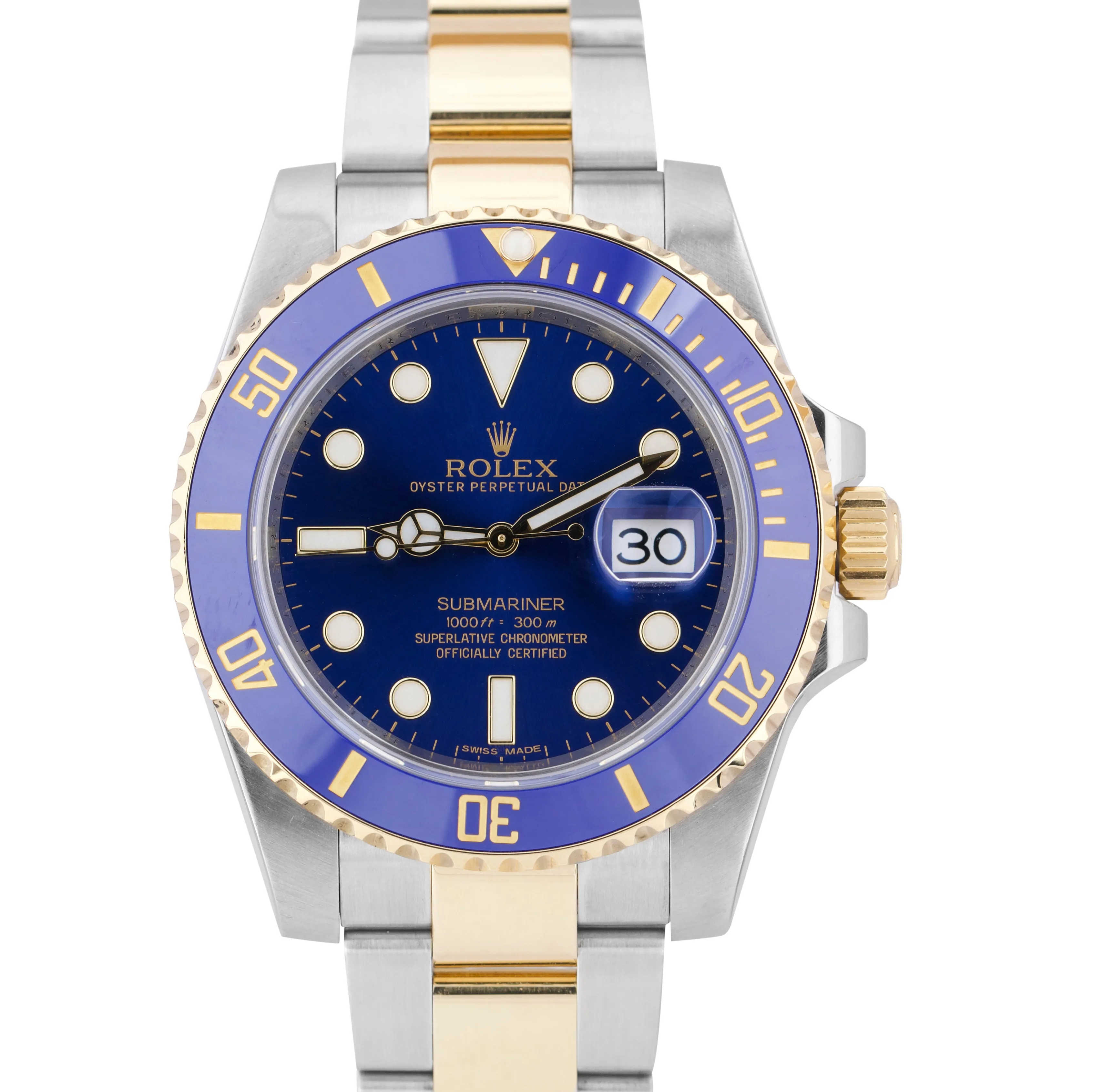 2015 Sunburst Rolex Submariner Ceramic 116613 LB Two-Tone Gold Blue Dive Watch