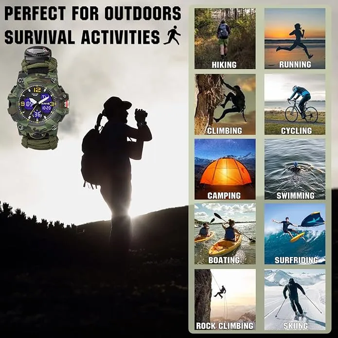 23-in-1 Survival Military Digital Watch, Mens Tactical Multi-Functional and Adjustable Wristband Outdoors Waterproof Sports Dual Dial Watches with Compass Paracord Band