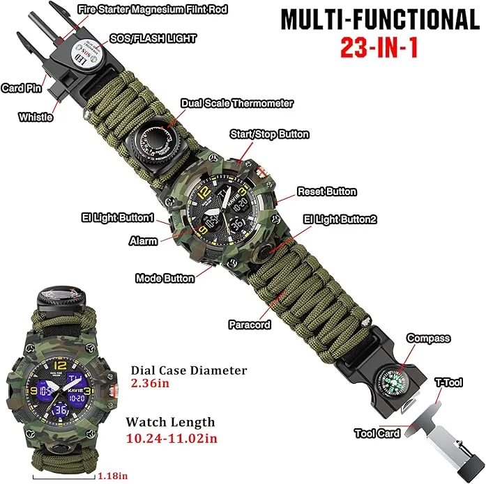 23-in-1 Survival Military Digital Watch, Mens Tactical Multi-Functional and Adjustable Wristband Outdoors Waterproof Sports Dual Dial Watches with Compass Paracord Band