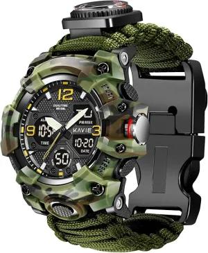 23-in-1 Survival Military Digital Watch, Mens Tactical Multi-Functional and Adjustable Wristband Outdoors Waterproof Sports Dual Dial Watches with Compass Paracord Band