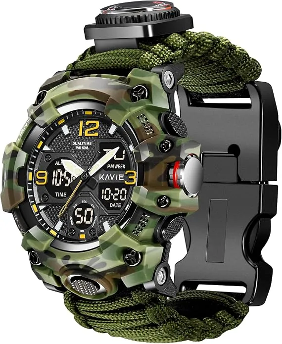 23-in-1 Survival Military Digital Watch, Mens Tactical Multi-Functional and Adjustable Wristband Outdoors Waterproof Sports Dual Dial Watches with Compass Paracord Band