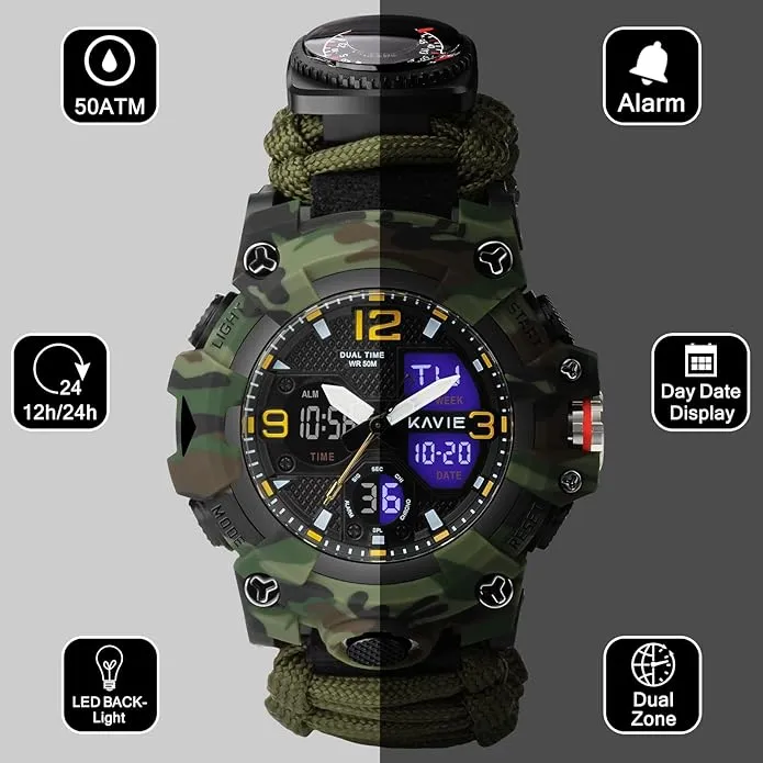 23-in-1 Survival Military Digital Watch, Mens Tactical Multi-Functional and Adjustable Wristband Outdoors Waterproof Sports Dual Dial Watches with Compass Paracord Band