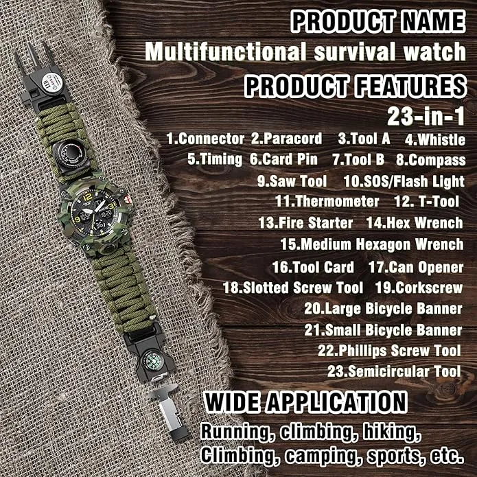 23-in-1 Survival Military Digital Watch, Mens Tactical Multi-Functional and Adjustable Wristband Outdoors Waterproof Sports Dual Dial Watches with Compass Paracord Band