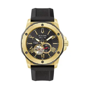 Bulova Marine Star Mens Automatic Gold Tone Black Dial Black Silicone Strap Watch