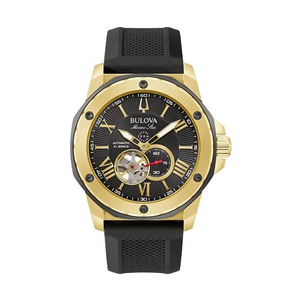 Bulova Marine Star Mens Automatic Gold Tone Black Dial Black Silicone Strap Watch