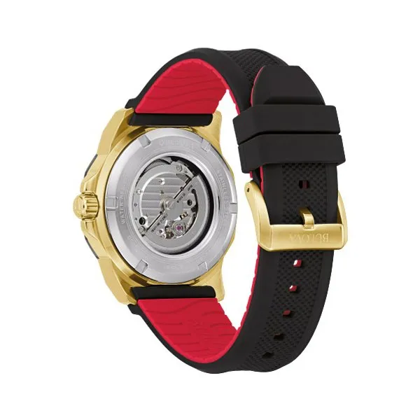 Bulova Marine Star Mens Automatic Gold Tone Black Dial Black Silicone Strap Watch