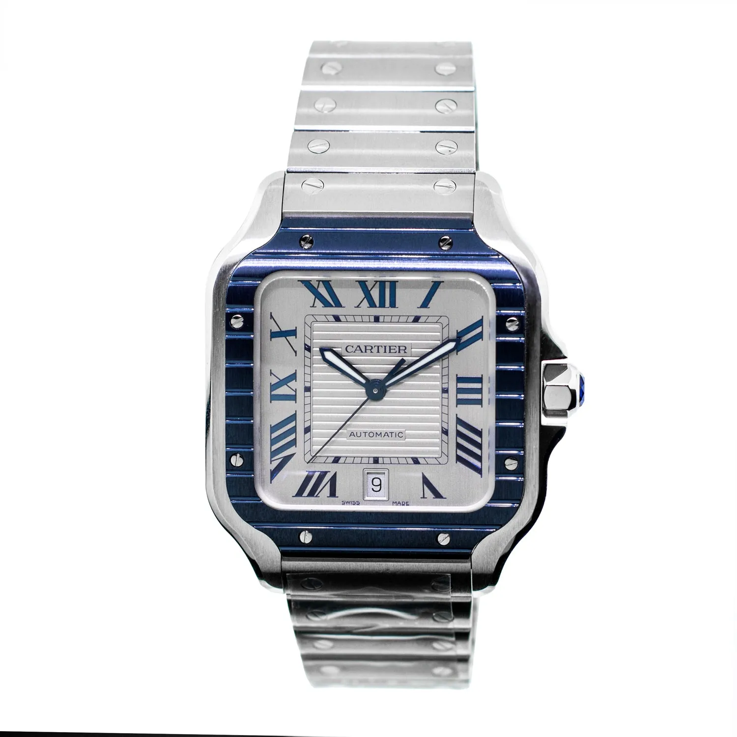 Cartier Santos 40mm Stainless Steel Silver Roman Dial and Blue Bezel WSSA0047