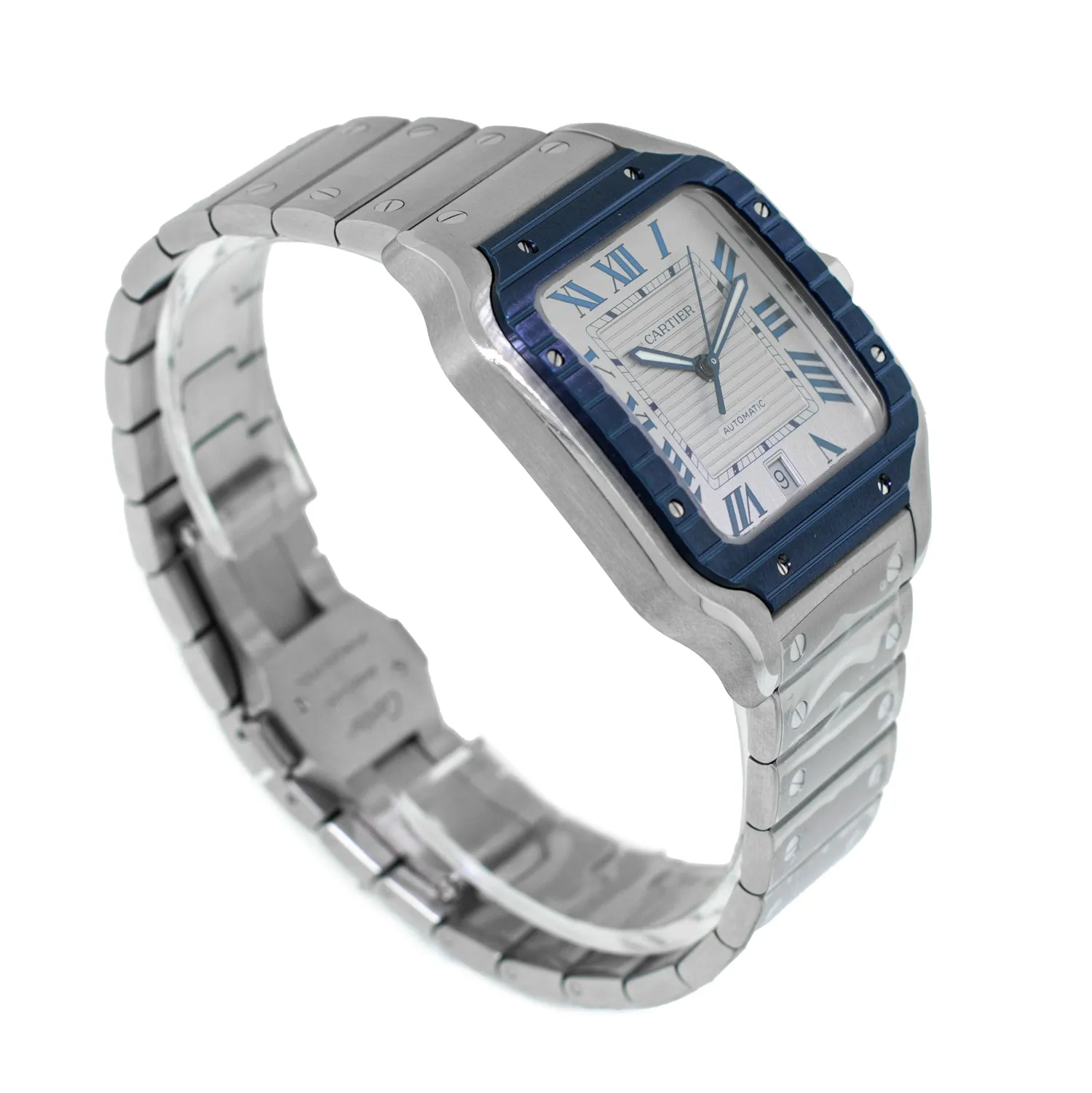 Cartier Santos 40mm Stainless Steel Silver Roman Dial and Blue Bezel WSSA0047