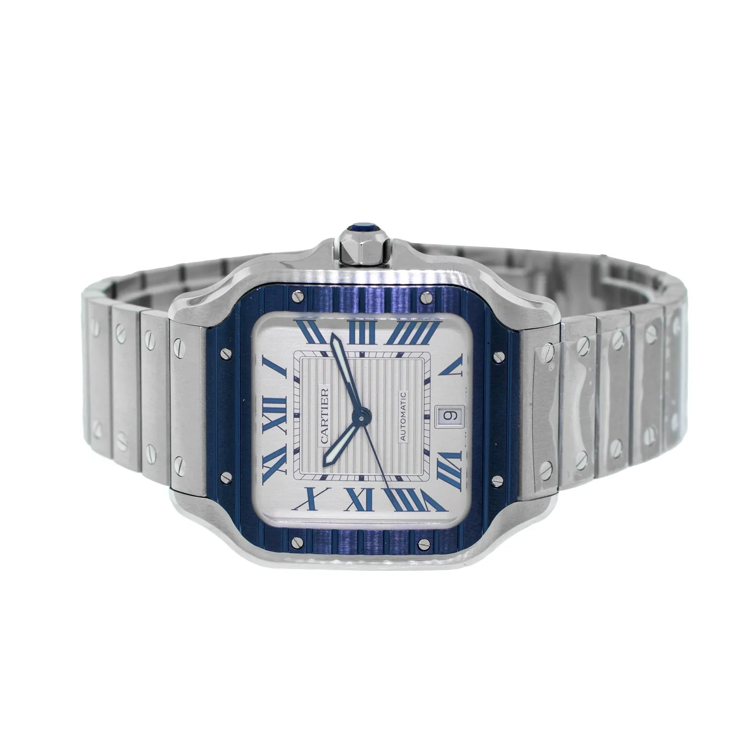 Cartier Santos 40mm Stainless Steel Silver Roman Dial and Blue Bezel WSSA0047