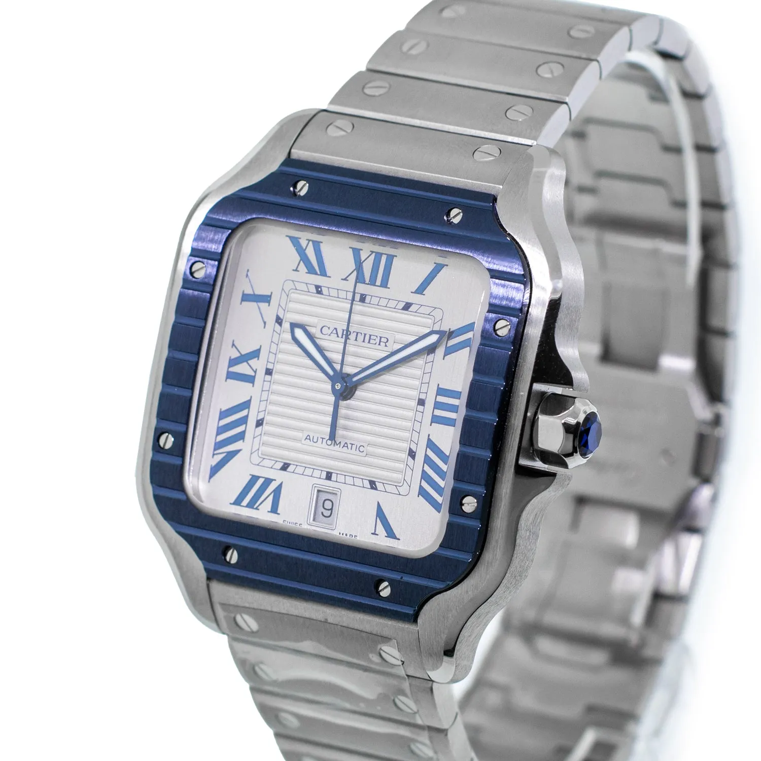 Cartier Santos 40mm Stainless Steel Silver Roman Dial and Blue Bezel WSSA0047