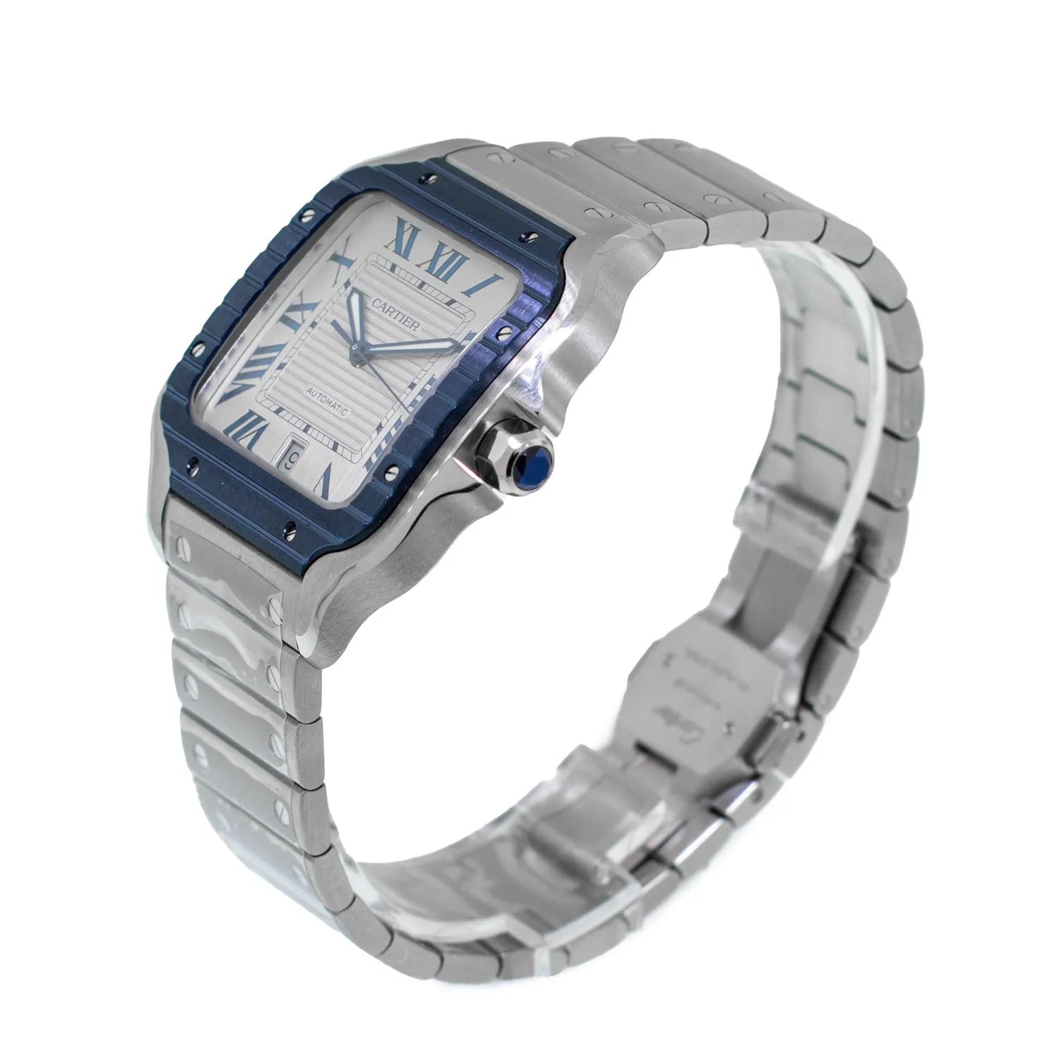 Cartier Santos 40mm Stainless Steel Silver Roman Dial and Blue Bezel WSSA0047