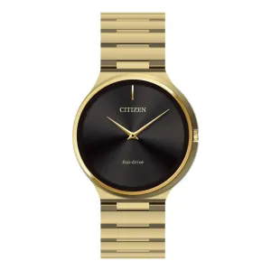 Citizen Stiletto Mens Eco Drive Gold Tone Black Dial Watch