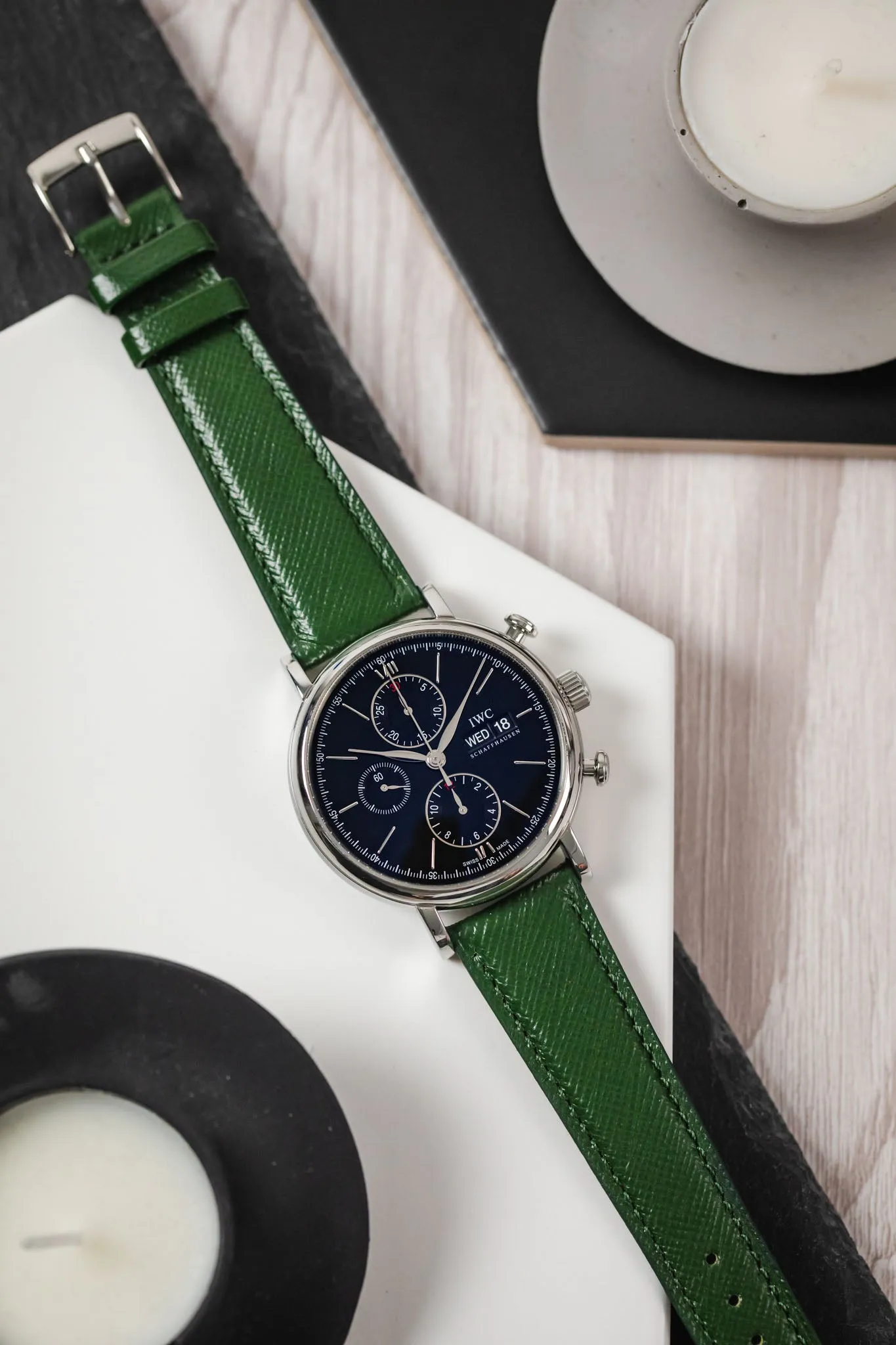 Classic Saffiano Leather Watch Strap in British Green