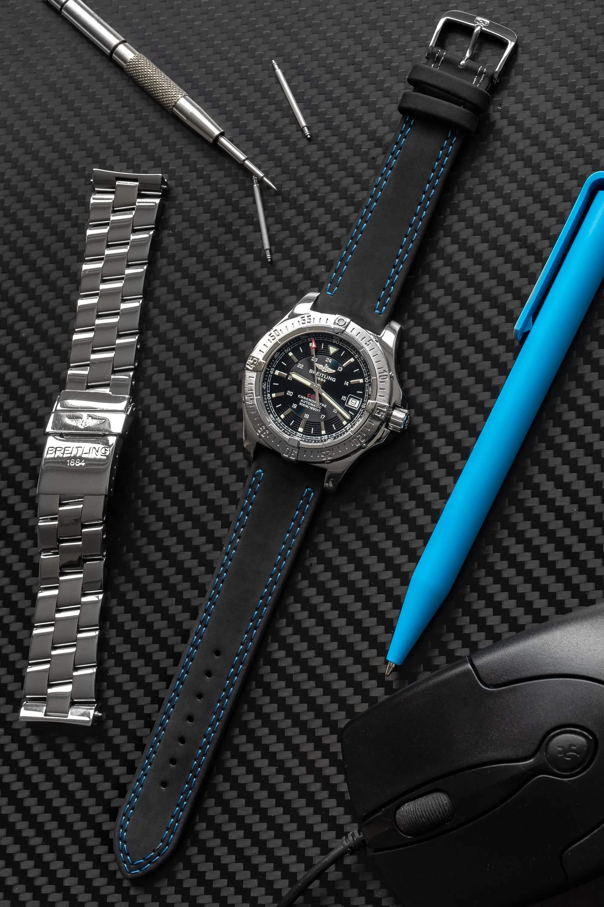 Di-Modell COLORADO Rubber-Coated Leather Watch Strap in BLACK with BLUE Stitch