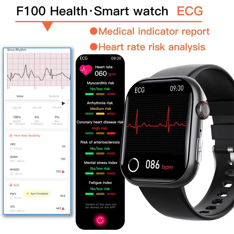 F100 Smart Watch Bluetooth Call 2.1inch Large Screen ECG HRV 24 Hrs Heart Rate Health Monitor SOS Men Women Smartwatch