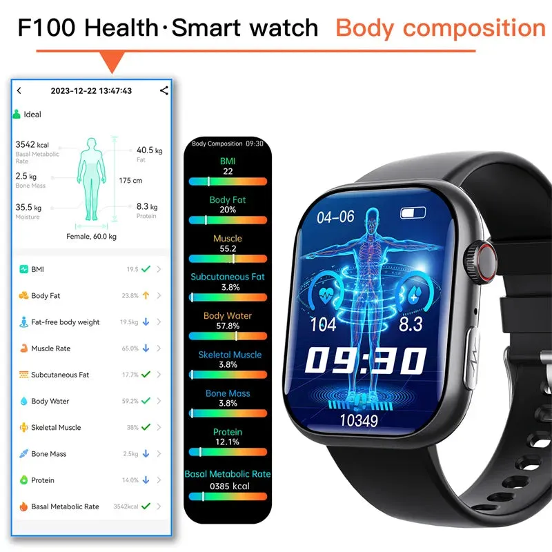 F100 Smart Watch Bluetooth Call 2.1inch Large Screen ECG HRV 24 Hrs Heart Rate Health Monitor SOS Men Women Smartwatch