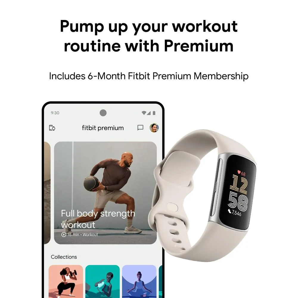 Fitbit Charge 6 Advanced Fitness & Health Tracker, Porcelain w/ Fitness Bundle