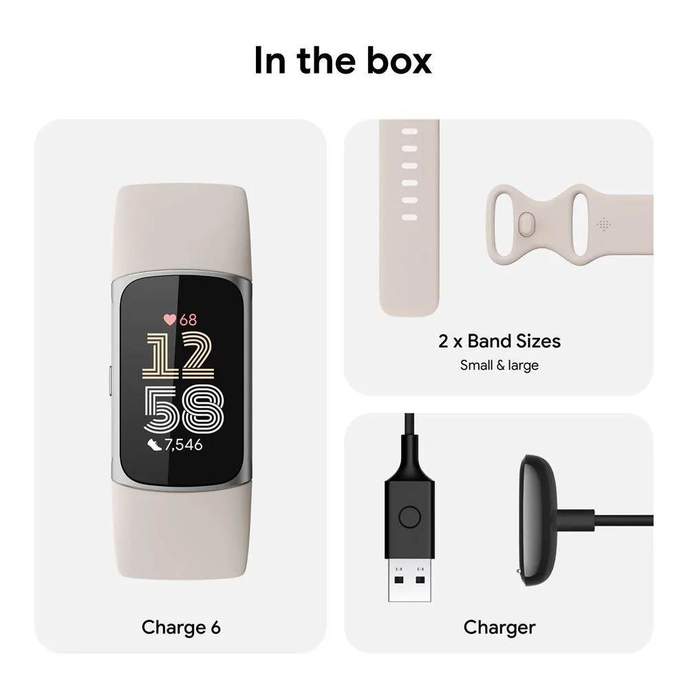 Fitbit Charge 6 Advanced Fitness & Health Tracker, Porcelain w/ Fitness Bundle