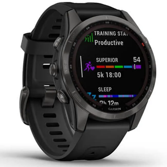 Garmin Fenix 7S Sapphire Solar Smartwatch - Carbon Gray DLC Titanium with Black Band