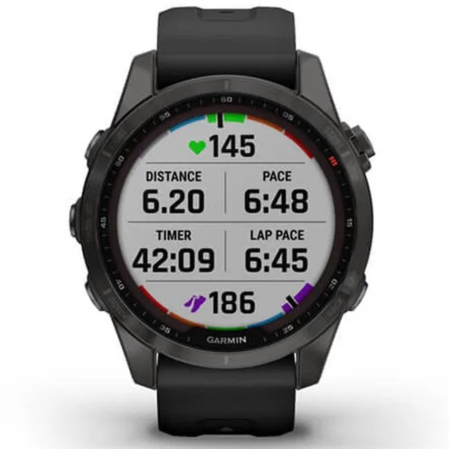 Garmin Fenix 7S Sapphire Solar Smartwatch - Carbon Gray DLC Titanium with Black Band
