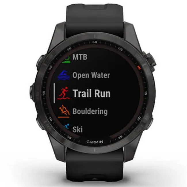 Garmin Fenix 7S Sapphire Solar Smartwatch - Carbon Gray DLC Titanium with Black Band
