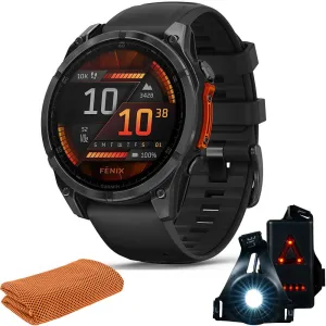 Garmin Fenix 8 47 mm AMOLED Gray with Black Silicone Band   Towel & Safety Light