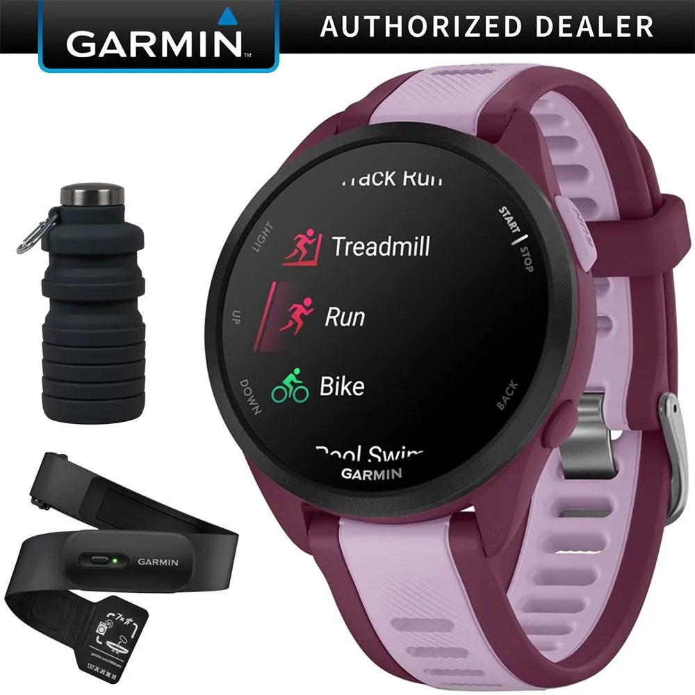 Garmin Forerunner 165 Music Smart Sport Watch, Berry   Lilac w/ HRM 200 (XS-S) Bundle
