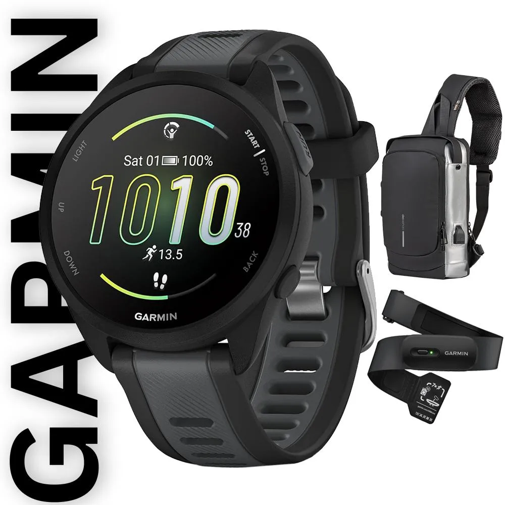 Garmin Forerunner 165 Music Smart Sport Watch Black  Slate Gray   HRM 200 (M-XL) Bundle