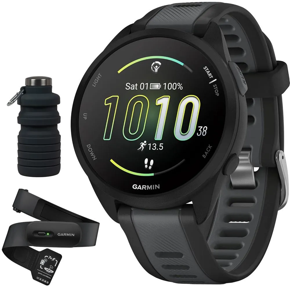 Garmin Forerunner 165 Music Smart Sport Watch, Black  Slate Gray  HRM 200 (XS-S) Bundle