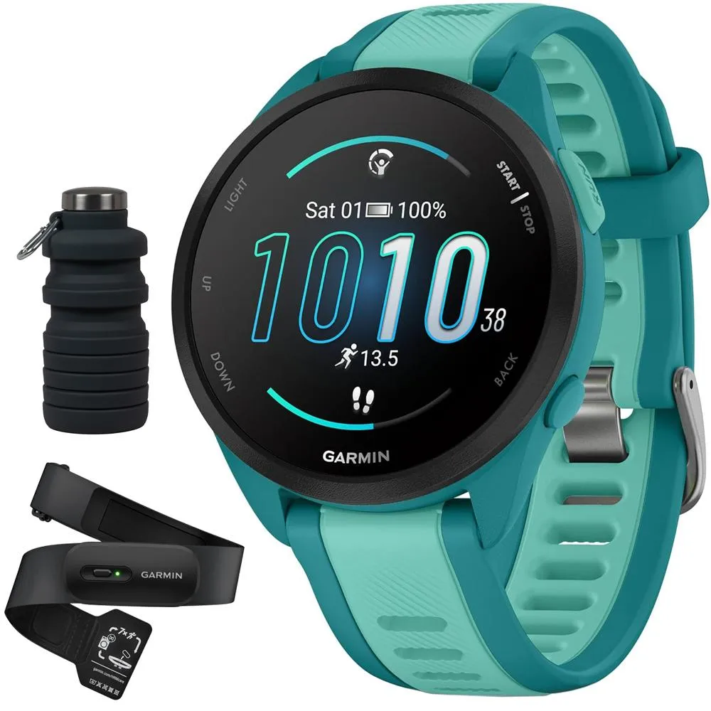 Garmin Forerunner 165 Music Smart Sport Watch, Turquoise  Aqua w/ HRM 200 (M-XL) Bundle
