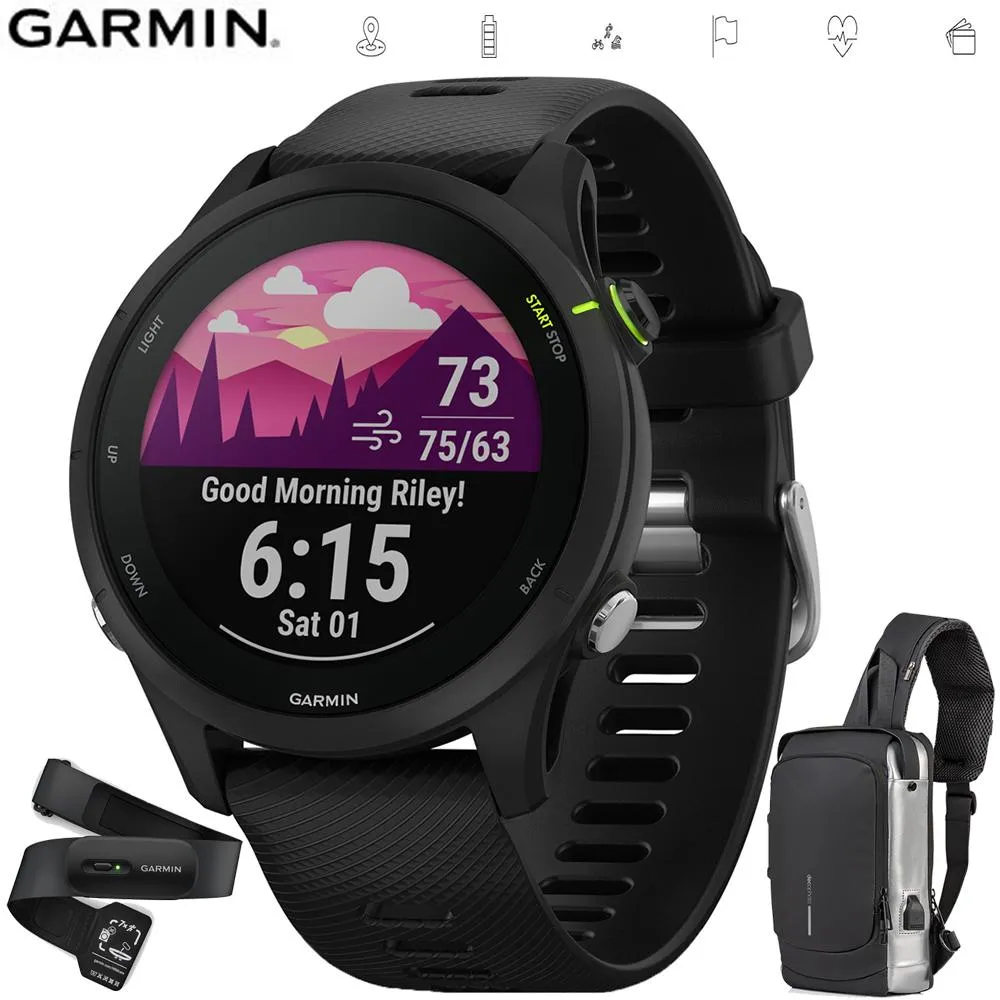 Garmin Forerunner 255 GPS Smartwatch Black with Backpack & Heart Rate Strap M-XL