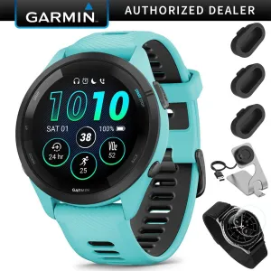 Garmin Forerunner 265 GPS Smartwatch, Aqua/Black   Charging Dock   Protector Bundle
