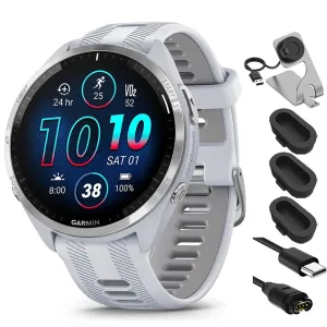 Garmin Forerunner 965 Running Smartwatch Whitestone and Gray   Charging Bundle