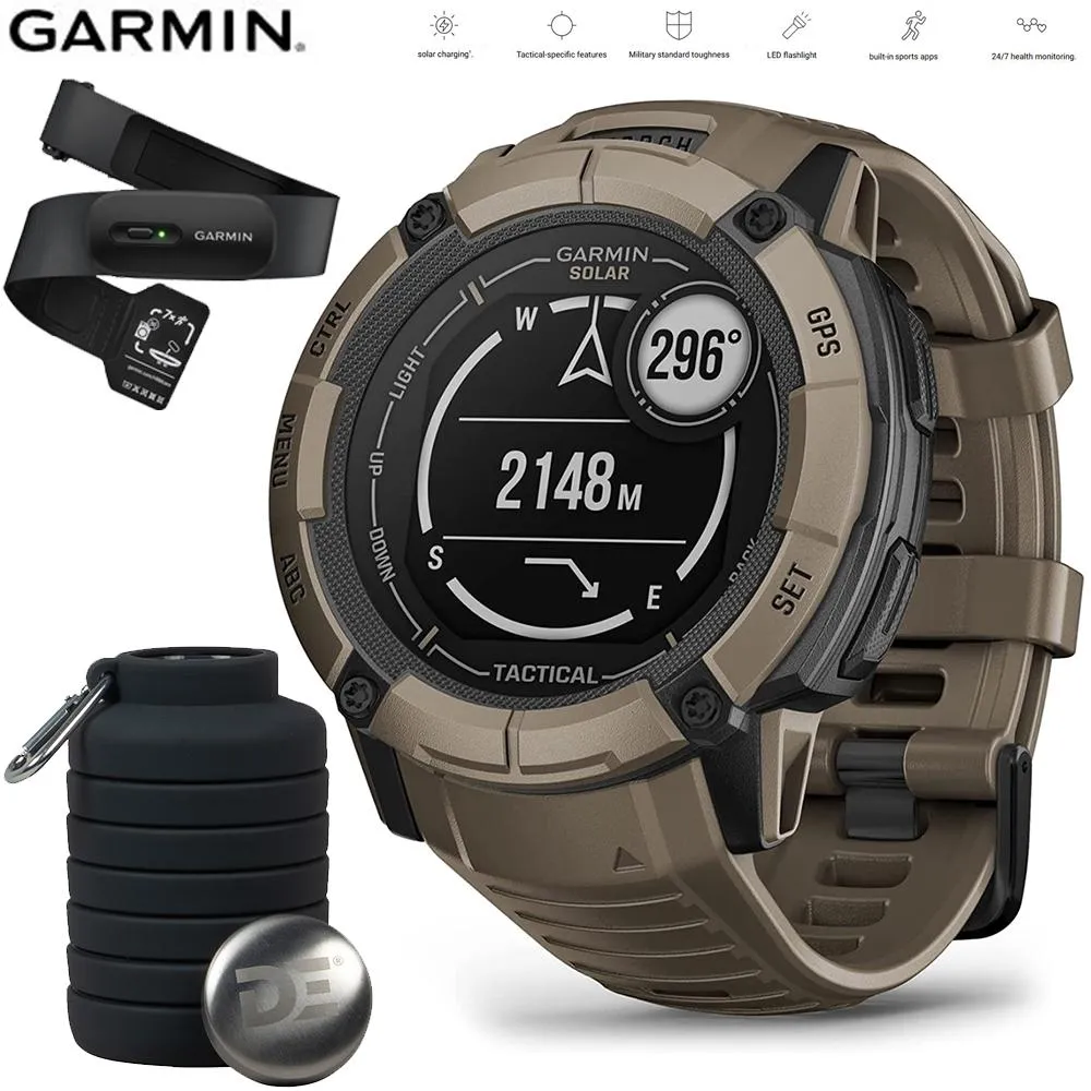Garmin Instinct 2X Solar Smartwatch Coyote Tan   Bottle & Heart Rate Strap M-XL