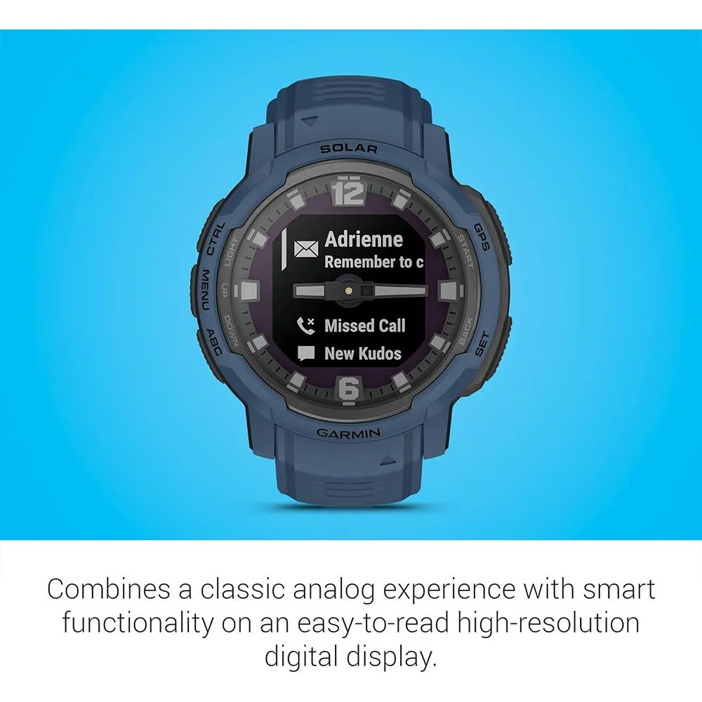 Garmin Instinct Crossover Solar Rugged Hybrid Smartwatch Blue   2 Year Warranty