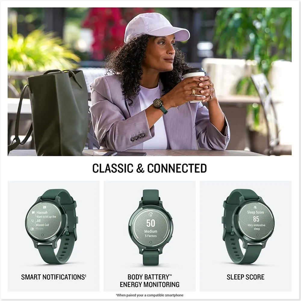 Garmin Lily 2 Active Smartwatch Green with Green Silicone Band   Towel and Light