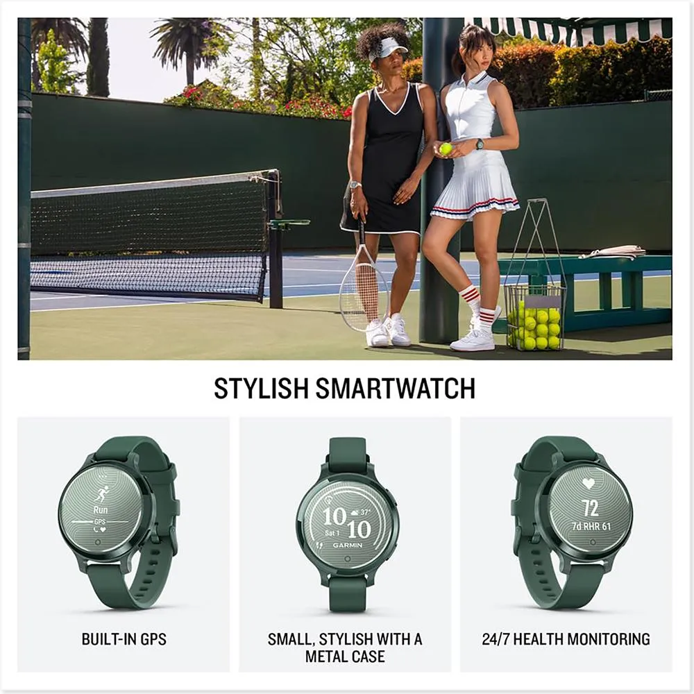 Garmin Lily 2 Active Smartwatch Green with Green Silicone Band   Towel and Light