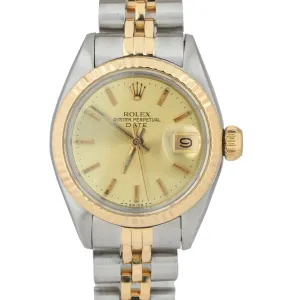 Ladies Rolex Date Champagne 26mm Two-Tone Gold Steel Jubilee Watch DateJust 6916
