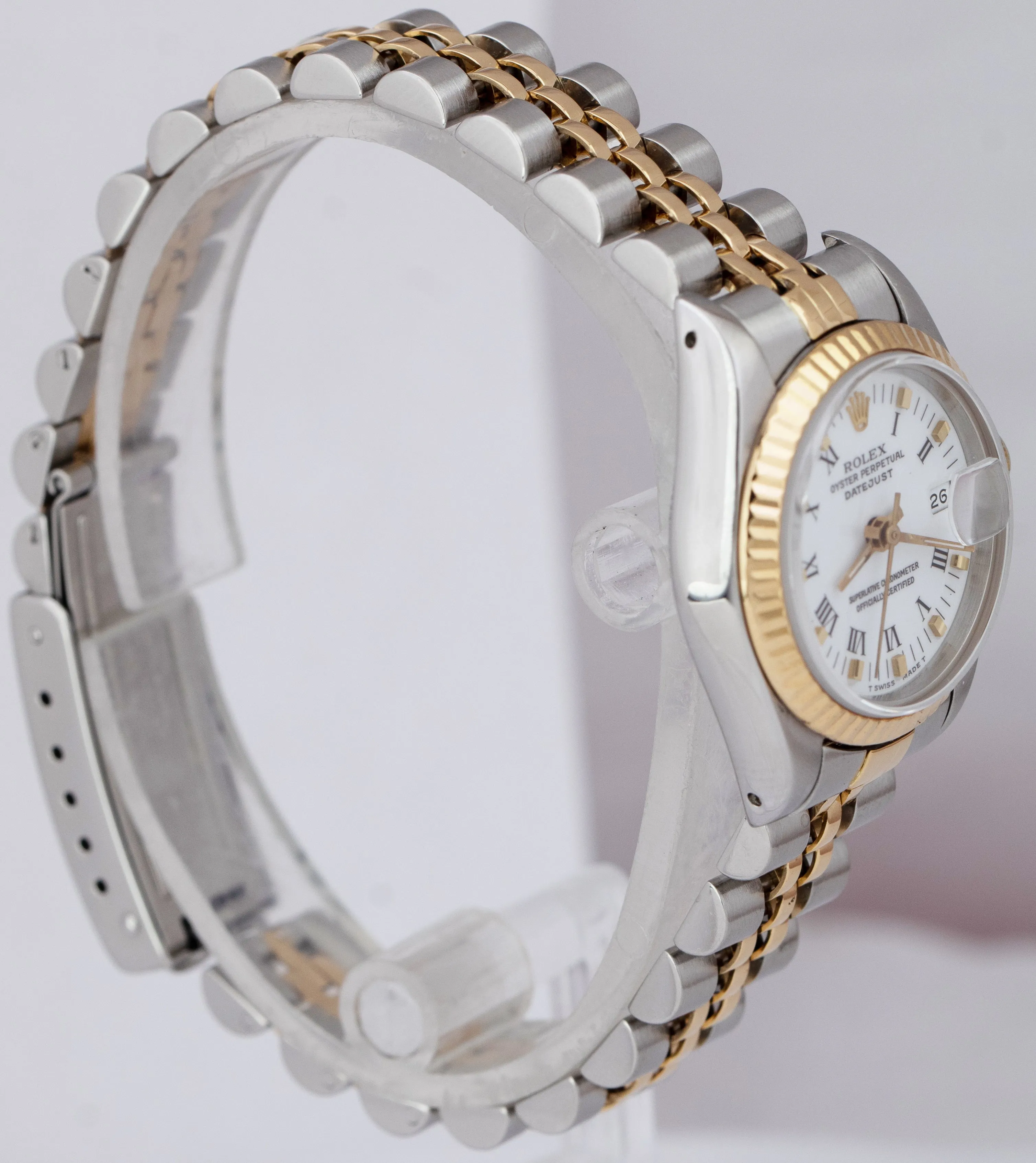 Ladies Rolex DateJust 26mm 18K Gold Two-Tone White Roman Jubilee Watch 69173 B P